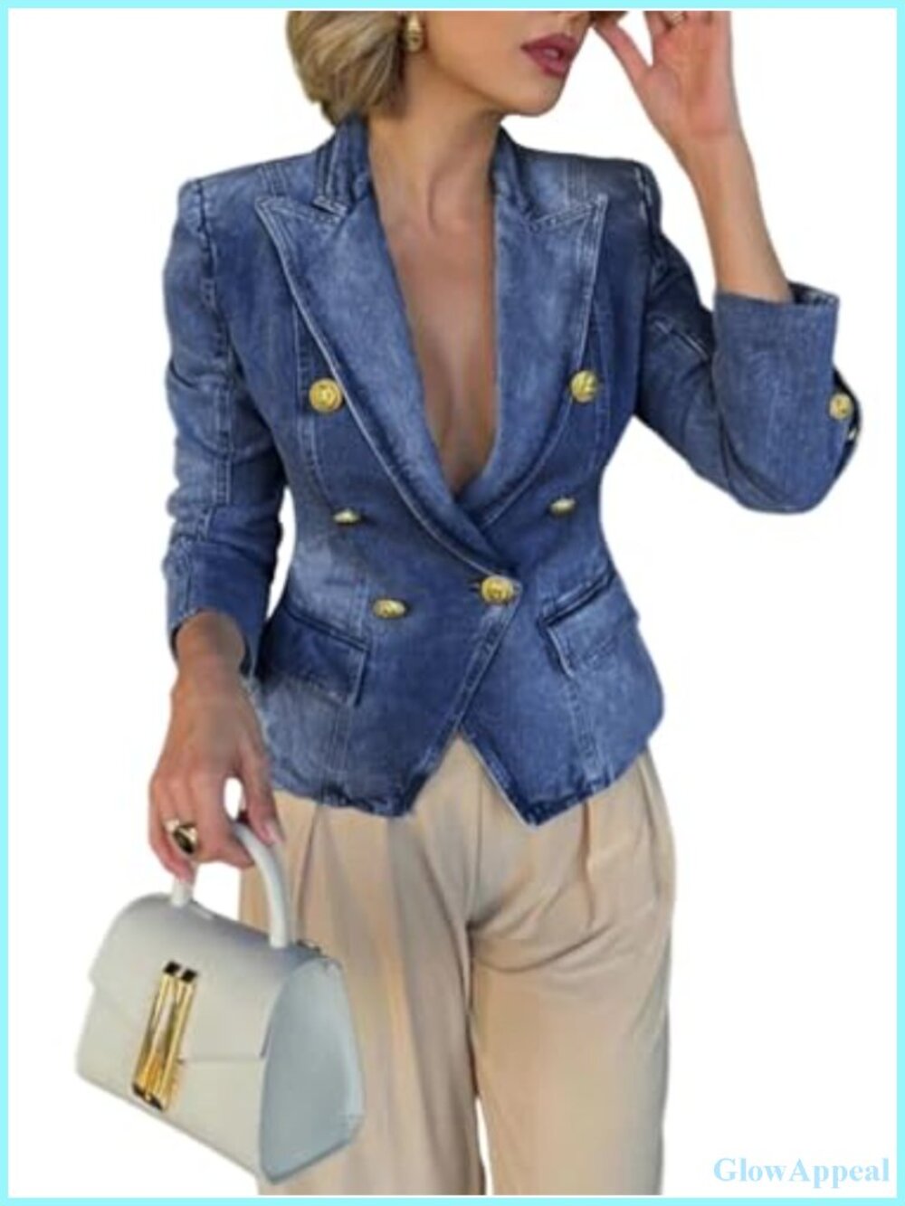 Slim Fit Denim Blazer Jacket Double Breasted Business Casual